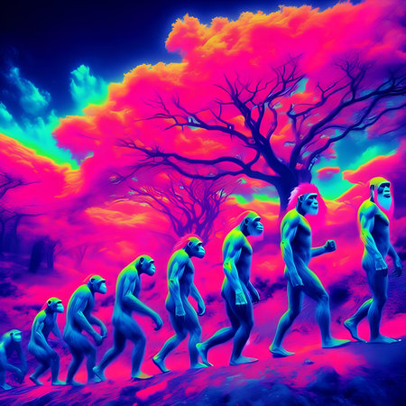 3D Illustration of a group of people walking in the forestの素材