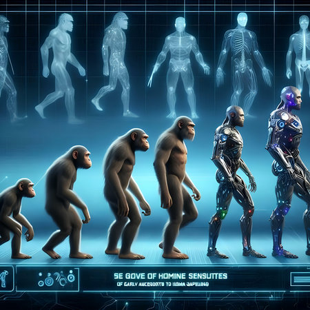 Humanoid evolution and artificial intelligence concept as a 3D illustration.の素材