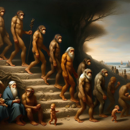 3d rendering of a group of monkeys climbing the stairs in a caveの素材