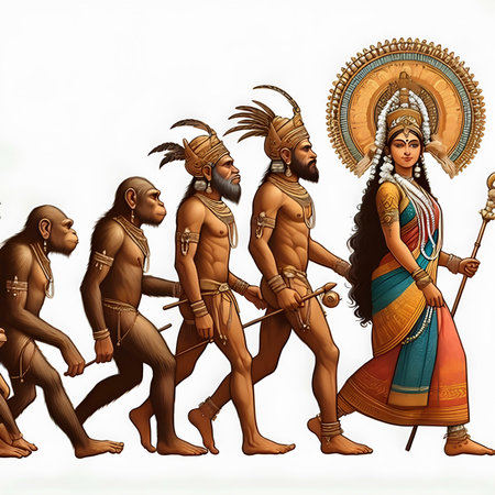 Hindu god Durga in traditional dress with a bow and arrowの素材