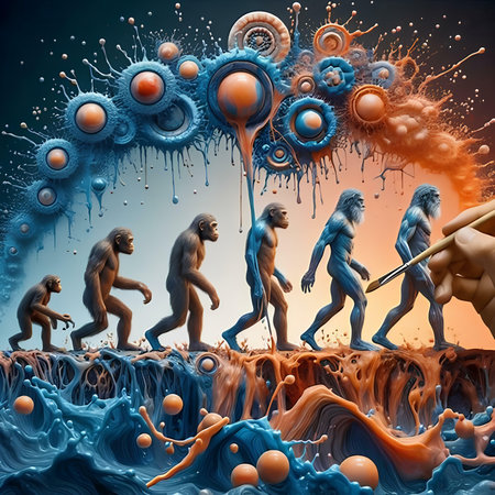 Surrealistic 3d rendering of a group of monkeys running in a liquid.の素材