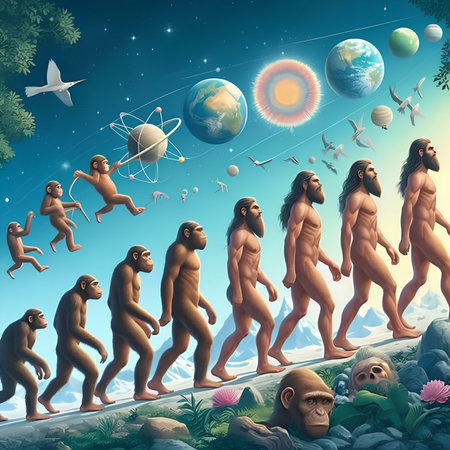A group of monkeys in the universe. 3D illustration. Elements of this image furnished by NASAの素材