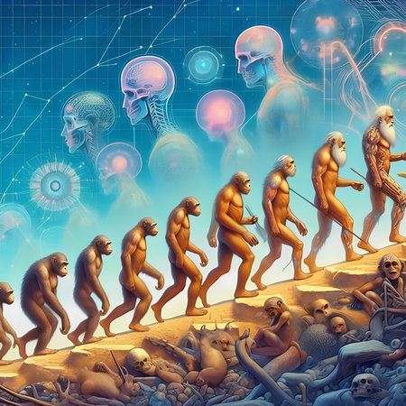 Surrealistic 3d illustration of a group of people looking at an alien planet.の素材