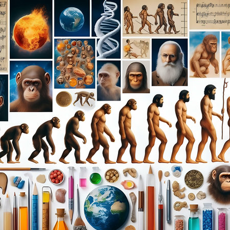 Collage of monkey, human body parts and scientific research elements.の素材