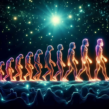 3d rendering of a group of people running in a space with starsの素材