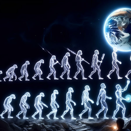 Silhouettes of people running toward the planet Earth. 3D renderingの素材