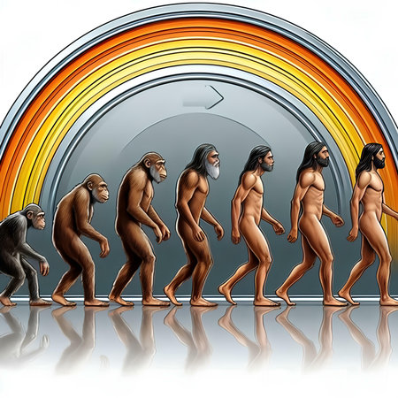 Conceptual illustration of a group of monkeys with a rainbow in the backgroundの素材