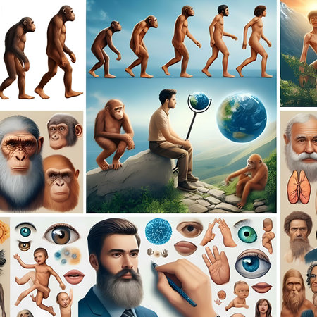 Collage of monkey and human body parts. 3d render.の素材