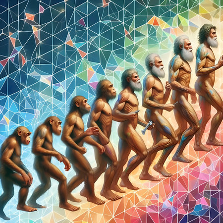 Group of monkeys running on colorful polygonal background. Polygonal design.の素材