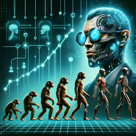 3D rendering of a male robot and a group of monkeys.の素材
