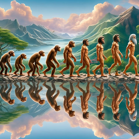 3D rendering of a group of primitive people on the shore of a lakeの素材