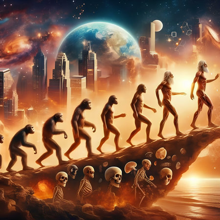 Surrealistic 3d rendering of human evolution in space.の素材