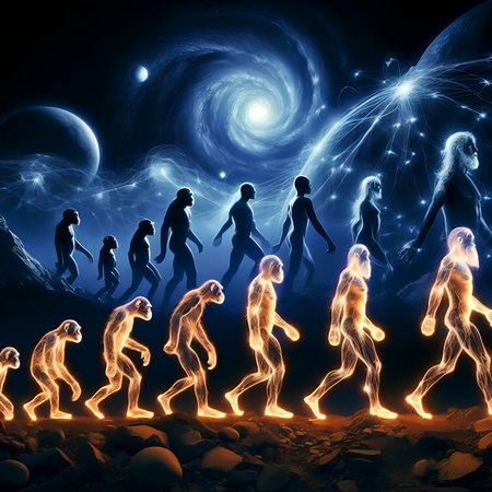 Conceptual image of a group of people running in a spaceの素材