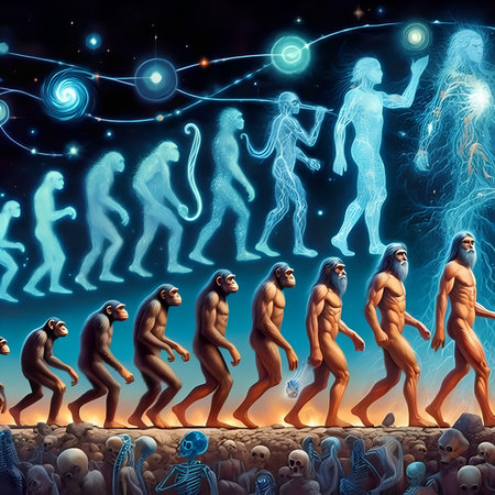 Surrealistic 3d rendering of a group of monkeys and human bodies in space.の素材