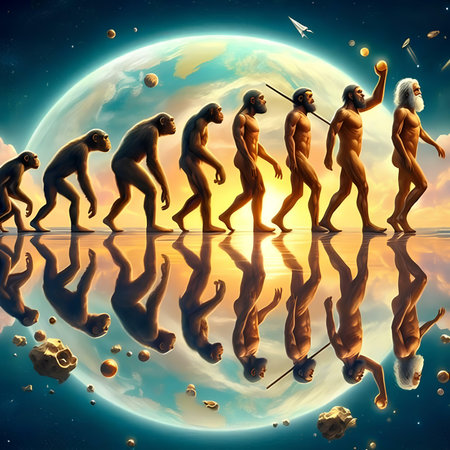 3d render of a group of primitive people with the planet in the backgroundの素材