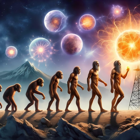 Surrealistic 3D render of a group of monkeys running in the space.の素材