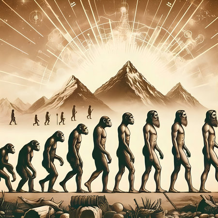 Human evolution from primitive to modern man. 3D illustration. Vintage style.の素材