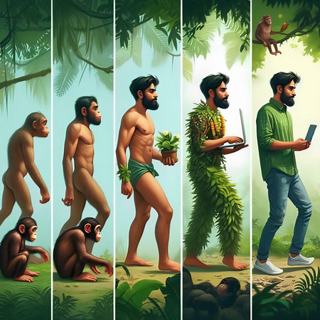 Set of vector illustrations of monkeys in the jungle and man with a laptopの素材