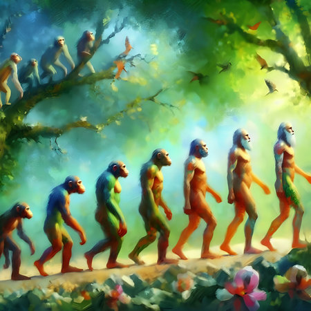 Surreal painting of a group of monkeys running in the forest.の素材