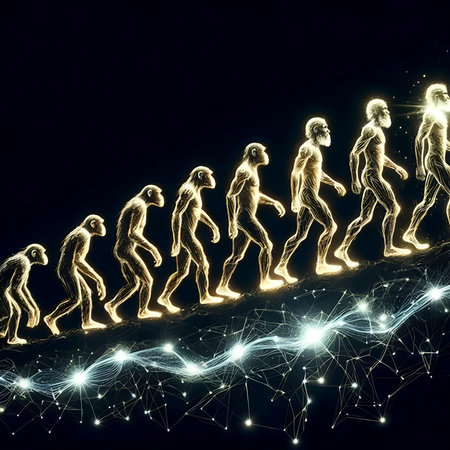 Conceptual image with people running on a network of connected linesの素材