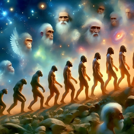 Surreal digital painting of a group of monkeys walking on a mountain path.の素材