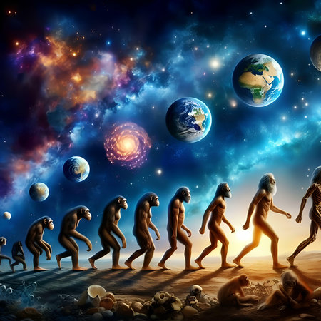 Group of people running in space with planets and stars in the backgroundの素材