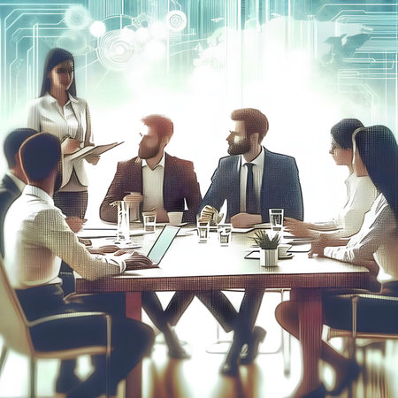 Group of business people working together in modern conference room with double exposure of digital hologram. Toned imageの素材