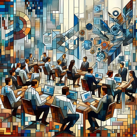 Abstract vector illustration of business people working in the office. Colorful background.の素材