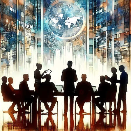 Silhouettes of business people in a meeting with a globe in the backgroundの素材
