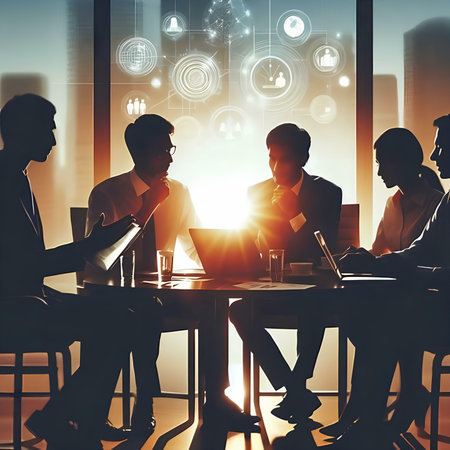 Silhouettes of business people working together in office with digital interfaceの素材