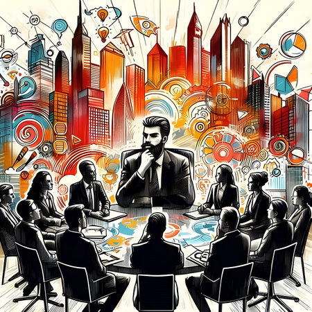 Business People Meeting Brainstorming Cityscape Sketch Art Vector Illustrationの素材