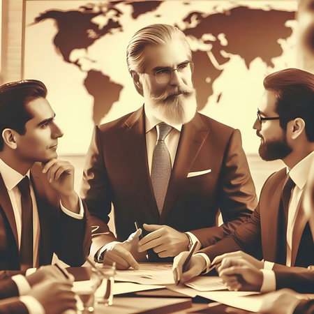 Business people sitting at table in office and discussing something. Toned imageの素材