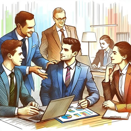 Group of business people working together in office. Hand drawn vector illustration.の素材