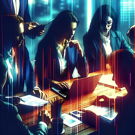 Group of business people working together in office with double exposure of digital graph. Teamwork concept.の素材