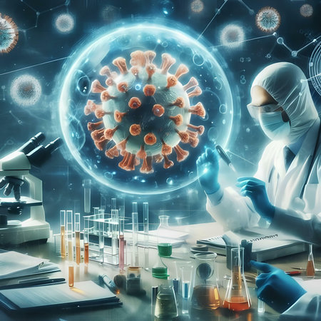 Scientist analyzing virus cells in laboratory. Concept of science and medicineの素材