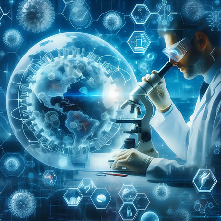 scientist working with microscope in laboratory, science research and development conceptの素材