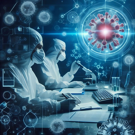 Coronavirus 2019-nCoV. Doctor in protective suit working at the computer.の素材