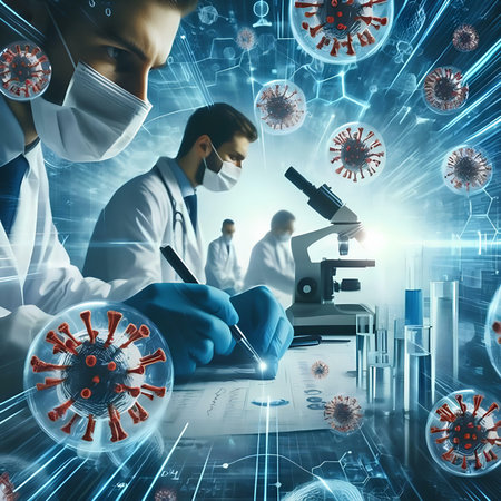 scientists working with microscope and virus cells in laboratory. 3D renderingの素材