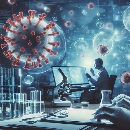 Doctor working with microscope and virus cells in laboratory. Medicine and science concept. Double exposureの素材