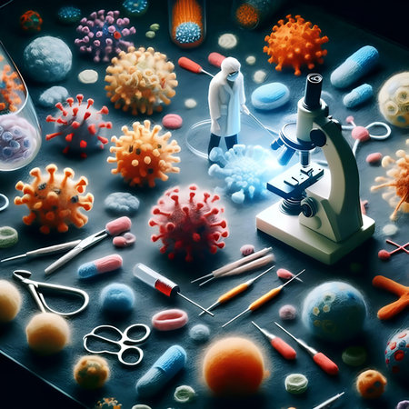 Microscope and virus on a dark blue background. 3d renderingの素材