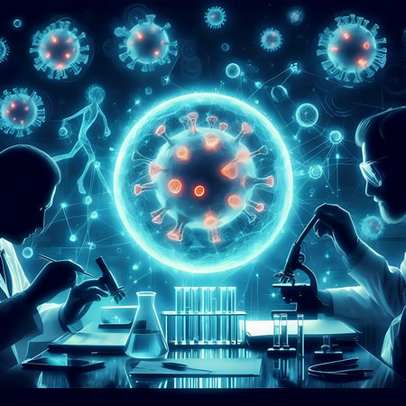 Scientist working with microscope in laboratory. Research and development concept. Double exposureの素材