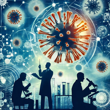 Coronavirus 2019-nCoV. Novel Coronavirus 2019-nCoV. Microscope, test tubes, microscope and people on a blue background.の素材