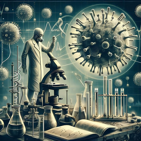 Scientist working with microscope, test tubes and virus cells. 3D renderingの素材