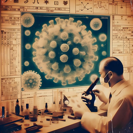 Scientist working with microscope in laboratory. Coronavirus conceptの素材