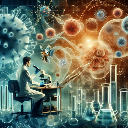 Scientist working in laboratory with microscope and test tubes. 3D renderingの素材