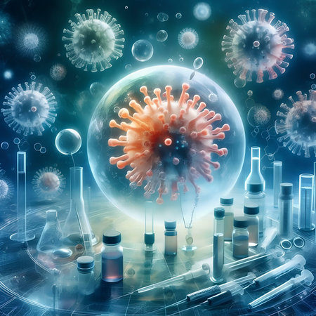 Digital illustration of virus in colored background with vialsの素材