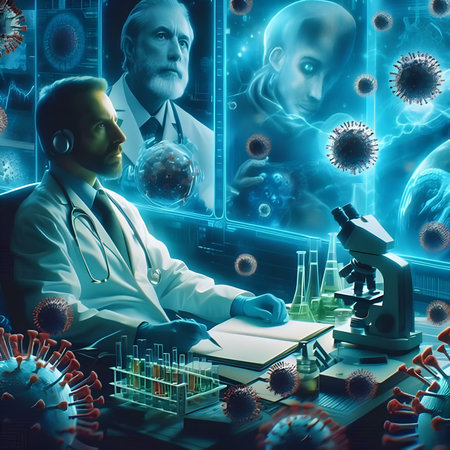 Scientist working with microscope and test tubes in laboratory. 3D renderingの素材