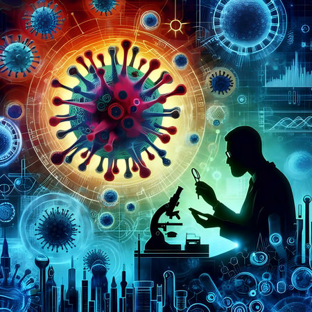 Microscope and scientist looking at the virus in the laboratory. vector illustrationの素材