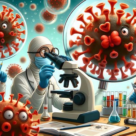 Scientist in protective suit and glasses working with microscope and virus cells. 3d illustrationの素材