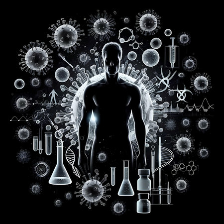 3d render of human body with virus and microscope on dark backgroundの素材